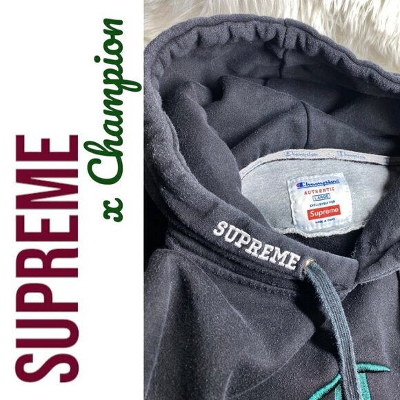 SUPREME x CHAMPION Collab Stacked C Hoodie Black Youth Large - Picture 5 of 8